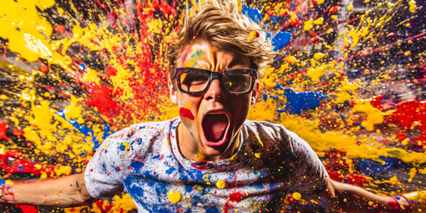 Inspiring color-blind artist intensely mixing paints, enhanced by a vibrant backdrop of splattered colors. Generative AI