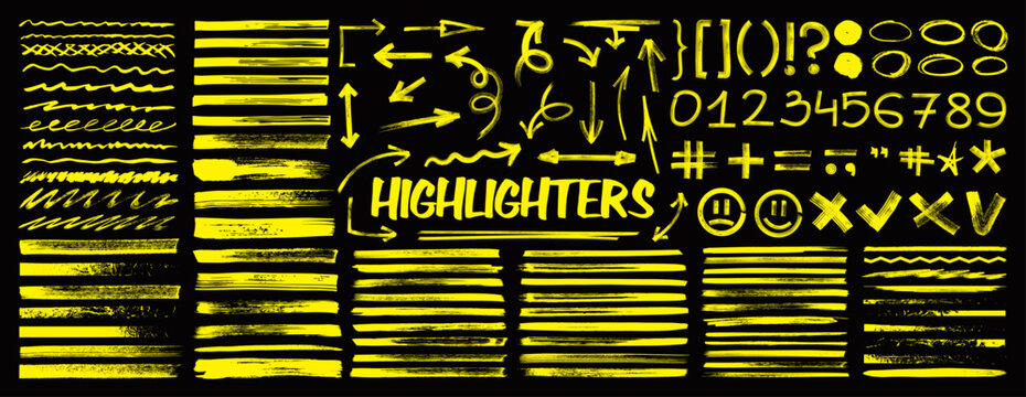 Highlighters markers in hand-drawn style. Numbers, underline, round, arrows, punctuation marks and sketch. Highlighters, hand drawn underline. Handwritten notes for text or school board. Vector set