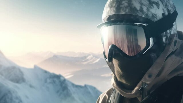 Slow motion head of a skier in a helmet, goggles, mountain peaks background.