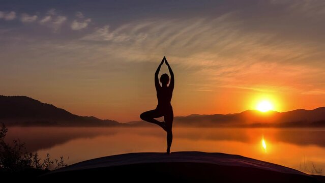 Slow motion silhouette of a young girl trains yoga in the sunset, mountains background.