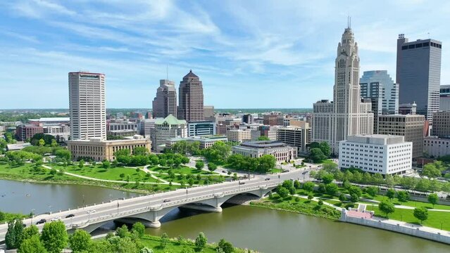 Columbus Ohio slow pan left to right from LeVeque Tower to Vern Riffe State Office Tower