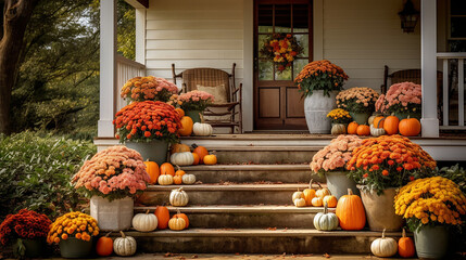 Pumpkins and Mums on Porch - obrazy, fototapety, plakaty