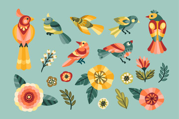 Set of folk design elements. Leaves, flowers, birds. Vector