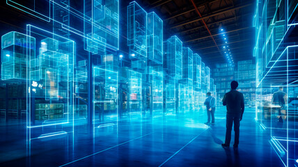 warehouse with cardboard boxes and forklift. Generative AI