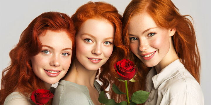 Celebratory trio of diverse redheads radiating confidence, unity; each holding a red rose against a classic monochrome background for dramatic pop of color. Generative AI