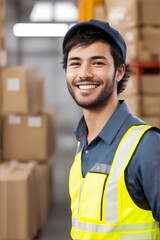 Warehouse worker at work while smiling a the camera