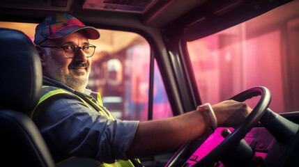 Obraz premium Colorful Bus Driver Portrait banner with empty space on the side for text. Generative AI