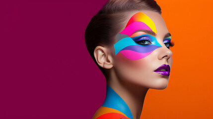 Colorful Makeup artist Portrait banner with empty space on the side for text. Generative AI