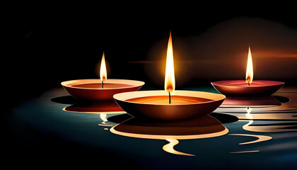 Diwali oil lamps with water reflection