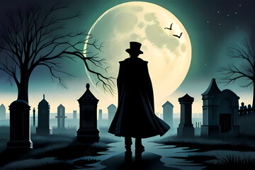Mysterious man in the old graveyard and the full Moon - 628978756