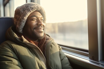 Traveling alone with yourself and your thoughts. A young African American man rides a train, smiling thoughtfully, looking out the window. Digital detox and offline concept.
