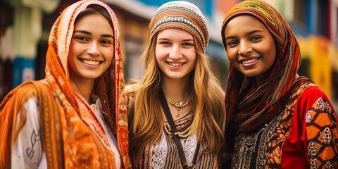 Captivating multicultural trio of women in traditional attire, admiring each others outfits against a vibrant global-themed backdrop. Generative AI