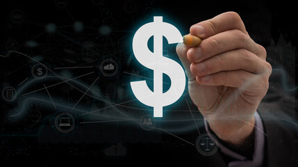 Businessman pressing business type of modern buttons with virtual background