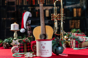 musical instruments and Christmas decorations in old library