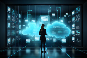 Cloud computing concept, silhouette of a businesswoman, data scientist in font of a large screen with futuristic HUD. High quality photo