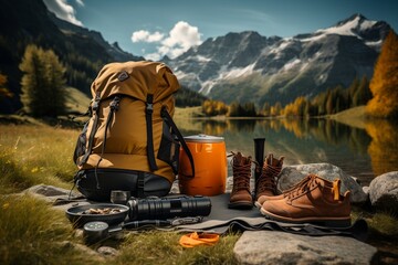 Necessary Gear for Mountain Hiking in the Wilderness: Camping Equipment & Accessories. AI - obrazy, fototapety, plakaty