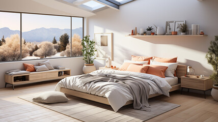  bedroom design in the loft style with beautiful window,generative ai