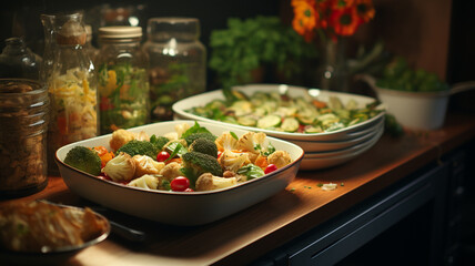 woman holding bowl of fresh vegetable salad on table.generative ai