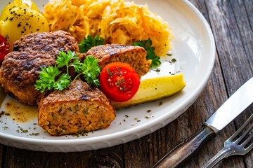 Seared pork meatballs with boiled potatoes and sauerkraut on wooden table
