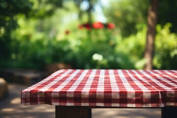 Red Checked Tablecloth on Wooden Background with Green Courtyard Blur. Summer Picnic Concept. AI - Powered by Adobe