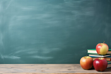 Back to School concept: school desk with books and apples and blackboard in the background - Powered by Adobe
