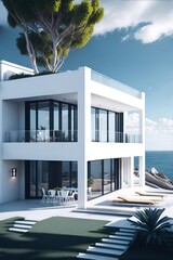 Modern villa with terrace. Minimalist style. AI generated illustration