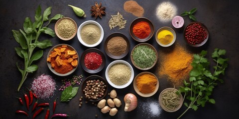 Obraz na płótnie Canvas Gourmet ingredients. Food cooking ingredients on dark background.