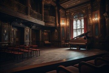 Luxurious theatre featuring wooden scenes & velvet drapes; perfect for music & opera. Modern template for design. Generative AI