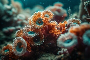 Naklejka na ściany i meble Vibrant Xmas tree worms among vibrant coral and reef. Generative AI