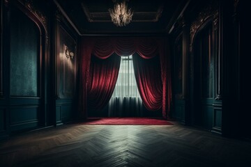 An unoccupied stage featuring red velvety curtains and a single spotlight. Generative AI