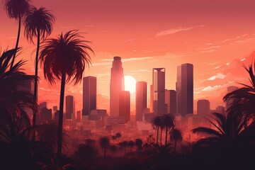 Illustration of Los Angeles city downtown skyline at dusk with sun in background and palm trees in foreground, featuring yellow, orange, and pink scenery. Generative AI
