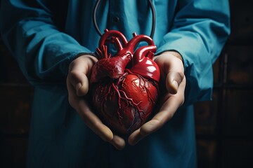Close-Up of Doctor's Gloved Hands Holding Human Heart. AI