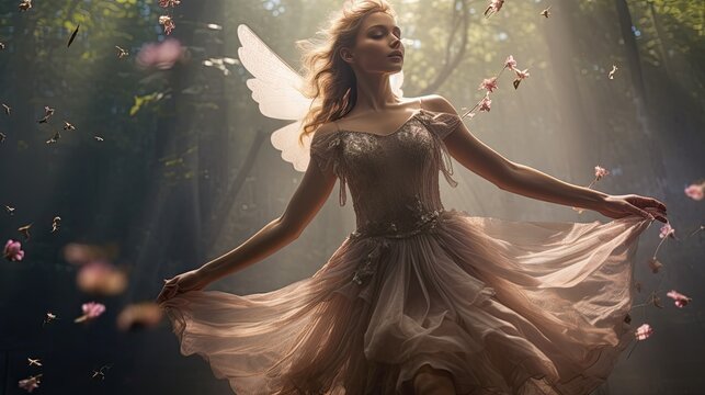 Photorealistic image of a magical dancing fairy in the forest.