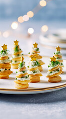 Festive Cheese Puff Pastry Canapes in the shape of a Christmas tree, elegantly arranged on a plate with beautiful lighting in the background - obrazy, fototapety, plakaty