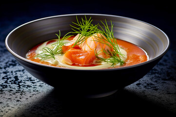 Salmon Chowder - creamy red soup topped with cream, fish slice and fresh dill in a black bowl on a dark minimalist background.