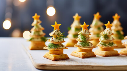 Festive Christmas Tree Bites. Cheese canapes in the shape of Christmas trees.  - obrazy, fototapety, plakaty