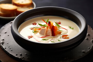 Creamy white Seafood Chowder in a black bowl, topped with slices of fish fillet, bacon, and herbs. Served with toasted sliced baguette on the background. - Powered by Adobe