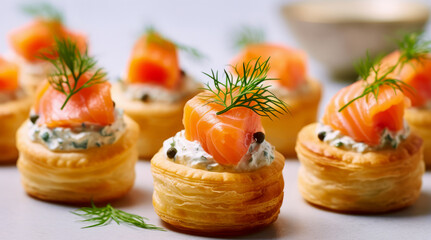 Cream Cheese and Smoked Salmon Vol Au Vents, a close-up on a light background. - obrazy, fototapety, plakaty