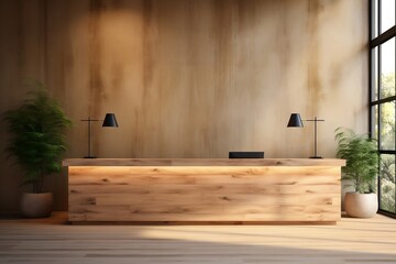 Reception Desk Mockup with Light Wooden Wall Accents beside It. AI - obrazy, fototapety, plakaty