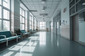 Spacious and bright doctors waiting room in a hospital corridor. Generative AI