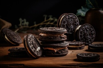 Delicious chocolate Oreo cookies filled with creamy center. Generative AI