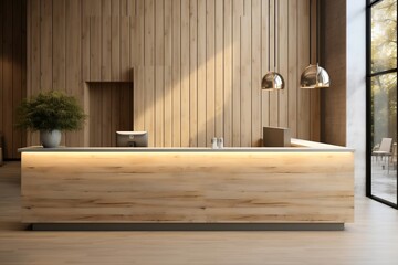 Reception Desk Mockup with Light Wooden Wall Accents beside It. AI