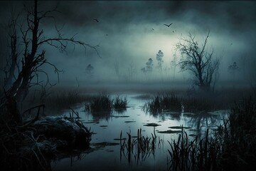 Eerie landscape of misty dark swamp at dusk. Generative AI