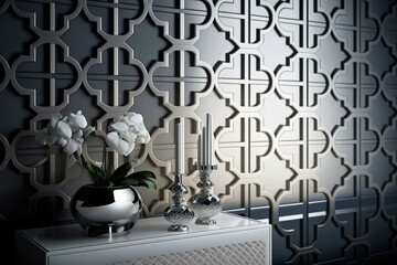 Luxurious silver arabesque tile wallpaper with a polished finish. 3D rendered blocks highlight the design's opulence. Generative AI