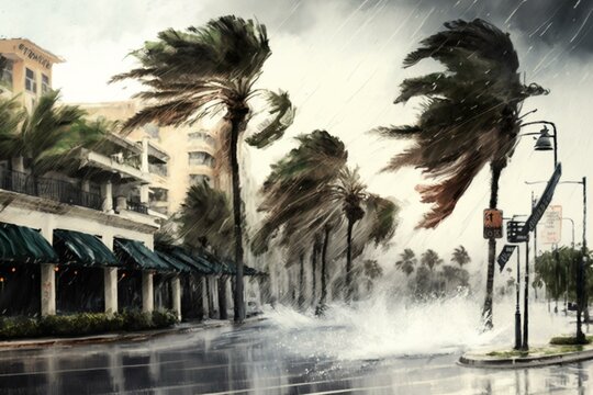 Palm trees sway in hurricane winds, flooding Las Olas Blvd. Generative AI