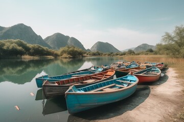 Fototapeta na wymiar Scenic view of colorful boats on Crmnica River to Lake Skadar in Montenegro, Balkans. Generative AI