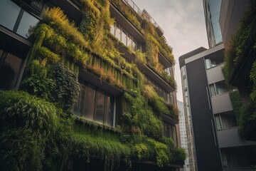 Fototapeta na wymiar Sustainable green building with vertical garden in modern city promoting eco-friendliness and a clean environment. Generative AI