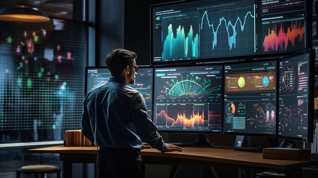 Financial analysts or traders monitoring real-time financial data and analytics dashboards powered by AI, showcasing the speed and accuracy of AI-driven insights.