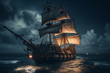 A vintage sailboat battles turbulent waves under a night sky adorned with a crescent amidst cloudy formations. Haunted pirate ship. Generative AI