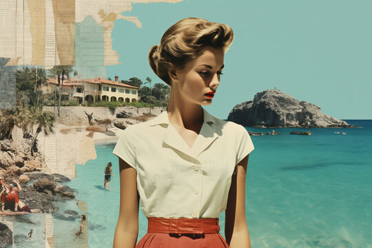 Beauty and style concept. Retro vintage beautiful woman portrait. Sunny day and beach in background. 60's style. Collage image style illustration, high contrast and vivid colors. Generative AI